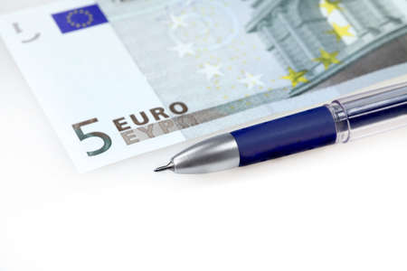 The money euro. Bundle of bank notes  and penの写真素材