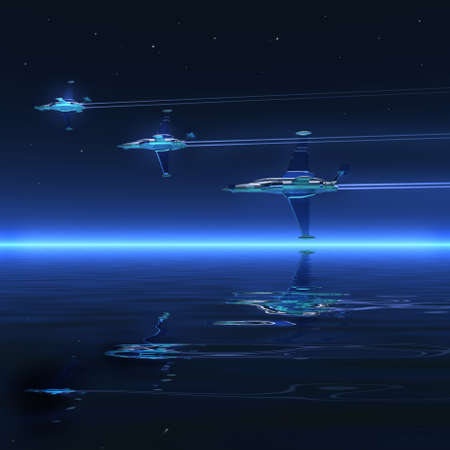 Night 3d graphics misty blue landscape - ocean and fly battle-planes
