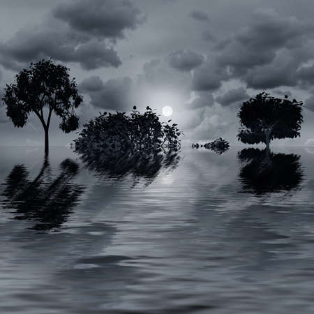 Night fantasy landscape with  tree reflected in water