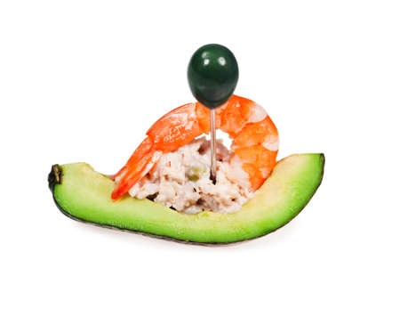 Salad of vegetables avocado with shrimp, decoration for supperの写真素材