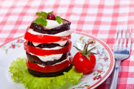 Food - plate with snack of aubergine and tomato on a tableの写真素材