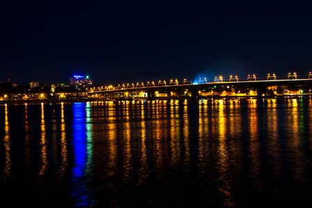 Glowing bridge in Night city, russian river Volga, Kostroma cityのeditorial素材