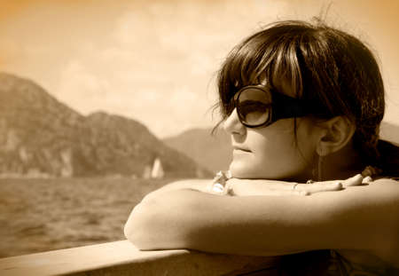 Happy young woman on holidays, black and white portraitの写真素材