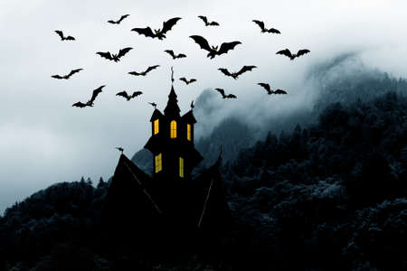 Halloween. Night. Moon, castle and bats. Abstraction collage