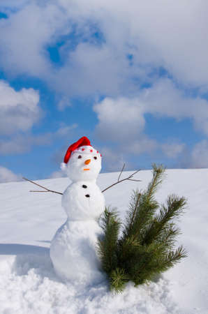 Snow man in santa cap on nature in sunny cold dayの写真素材