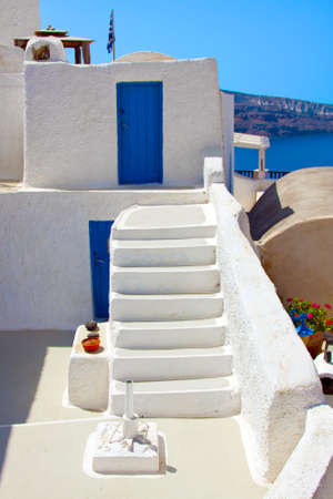 Beautiful Oia village in Santorini island  Flight of stairs of Greeceの写真素材