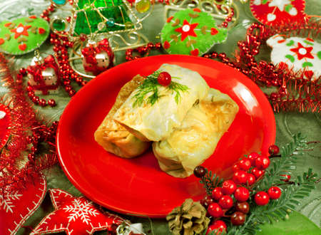 Tasty food  Stuffed cabbage on a holiday and Christmas decorの写真素材