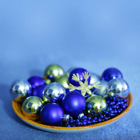 Blue xmas balls, background with copyspaceの写真素材