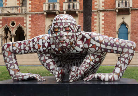 Italy, Reggio Calabria, 28 may 2013:  Villa Genoese-Zerbi 14th century in Venetian style (Neo-Gothic) and modern sculptures of artist Paola Epifani (Rabarama) in Reggio di Calabria   in southern Italyのeditorial素材