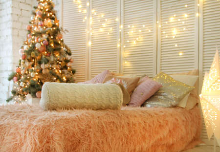 Christmas decorations, holidays in december, interior with christmas treeの写真素材