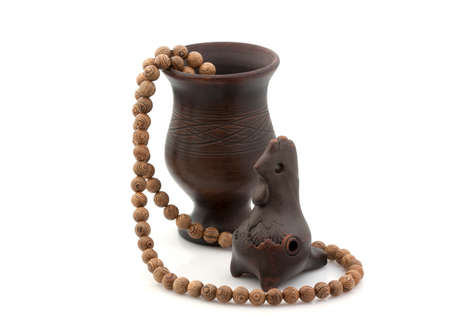 Handmade, clay items, beads from woodの写真素材