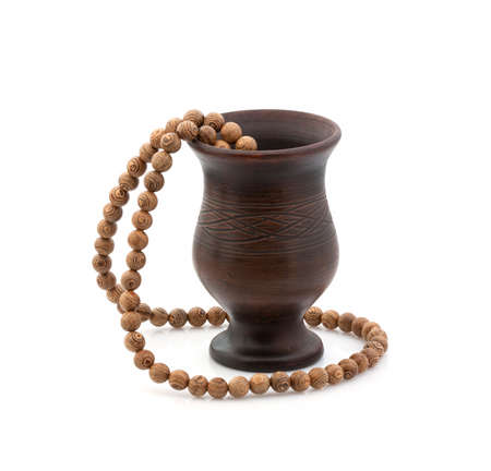 Handmade, clay items, beads from woodの写真素材