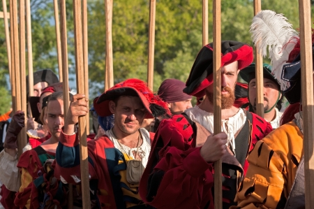 Moscow, Russia - June 23, 2013: Times and Epoch-2013 festival in Kolomenskoye park. The Middle Ages (Srednevekove). Spear-menのeditorial素材