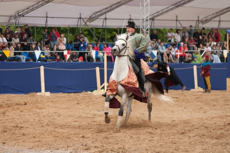 MOSCOW - JUNE 22, 2013 - Times and Epoch festival in the Kolomenskoye. The Middle Ages. - Unidentified horseman galloping on a white stallion covered in ceremonial armor in a historical reconstruction.のeditorial素材