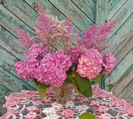 still life bouquet pink hydrangea and astilbaの写真素材