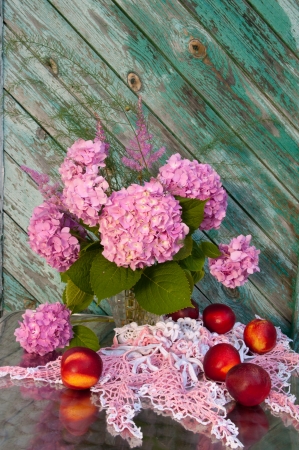 still life hydrangea and nectarinesの写真素材
