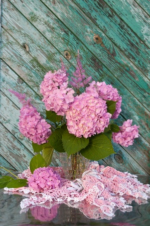  still life with pink hydrangea and crochet tableclothの写真素材