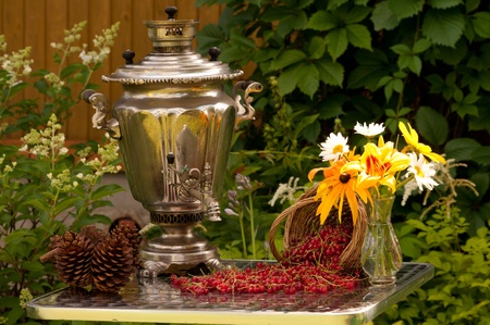 still life with samovar, red currants, basket, bouquet of chamomiles and cone flowers and cones の写真素材