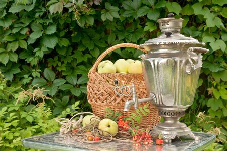 still life with samovar and applesの写真素材
