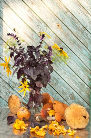 basil, dill and cone flowers bouquet still life with mushroomsの写真素材