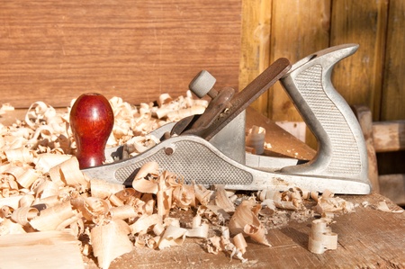 jack-plan and sawdust laying in the tableの写真素材