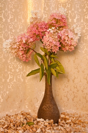 white and pink hydrangea bouquet still lifeの写真素材