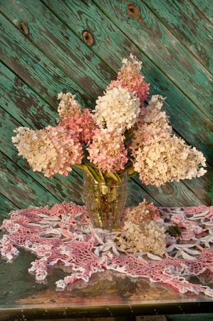 still life with bouquet of pink hydrangeaの写真素材