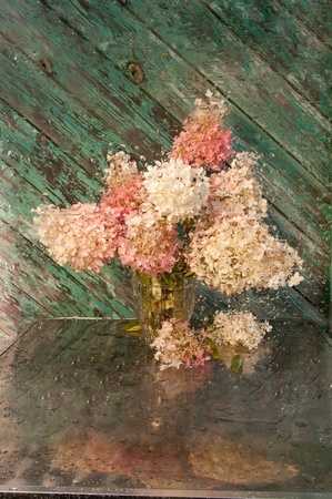 wet still life with pink hydrangea bouquet  through wet glassの写真素材