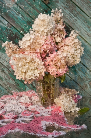 wet still life with pink hydrangea bouquetの写真素材