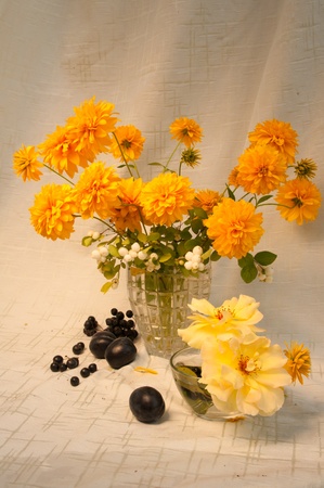 still life with yellow flowers and berriesの写真素材