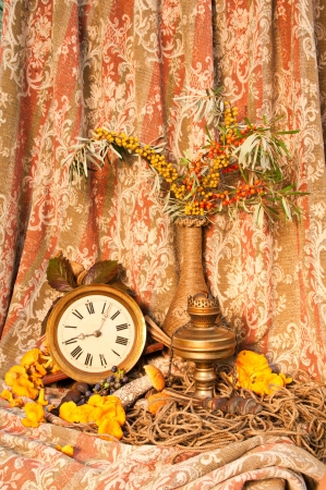 autumnal still life with mushrooms and sea-buckthornの写真素材