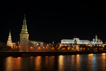 Moscow Kremlin and river at nightの写真素材