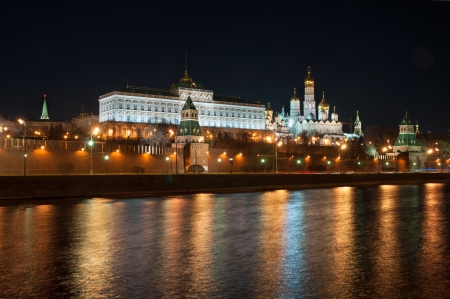 Moscow Kremlin and river at nightの写真素材
