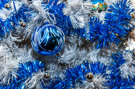 New year blue and white tree with blue balls decorationsの写真素材