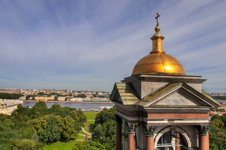 St Isaac Cathedral close up view on the tower and cityの写真素材