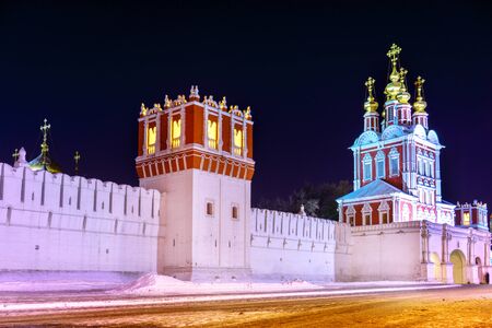 Russian orthodox churches in Novodevichy Convent monastery at night, Moscow, Russiaのeditorial素材