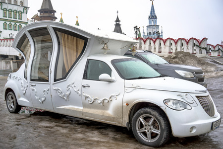 MOSCOW FEBRUARY 28: Vintage wedding car decorated as a carriage in Izmailovo Kremlin on 28 february...