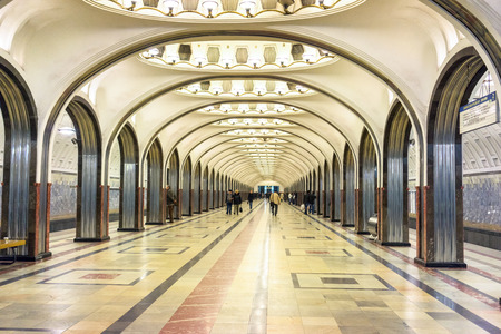MOSCOW - MARCH 21: Interior of the metro station Mayakovskaya on March 21, 2015 in Moscow, Russia. Moscow Metro is the worldのeditorial素材