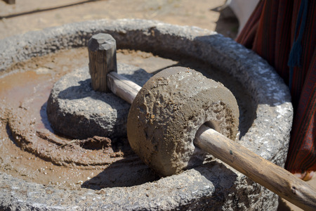Ancient olive oil production machinery, stone mill and mechanical press, oil mill for olives
