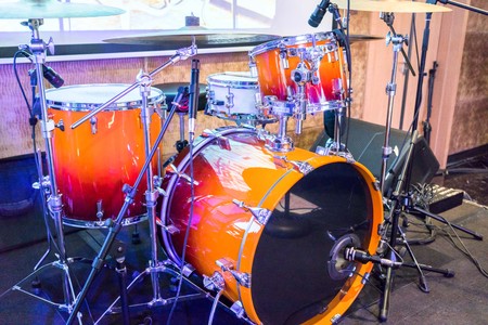 Rock concert stage with musical instruments in nightclub