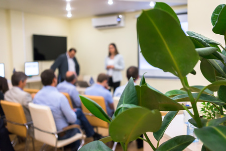 business presentation. people sitting rear and two lecturer near the screen. office plant on the...