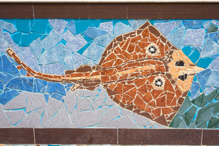 Abstract crampfish made of colorful mosaic tiles in the street of Budva, Montenegro.の写真素材