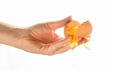 Hands breaking an egg. Egg Yolk dripping, falling, on white background.