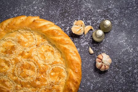 Browse of wheat flour, garlik and salt and pepper on the table top viewの写真素材