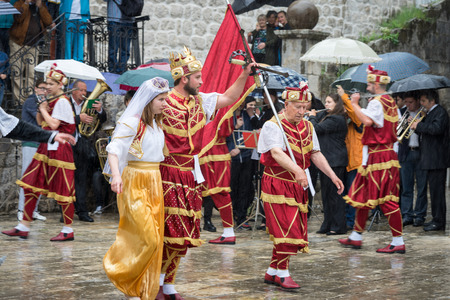 Perast, Montenegro - May 15, 2016: Shooting the Kokot (rooster) celebration. Celebrates the liberation of Perast from Turkish in 1654. Theatrical performance on a city streetのeditorial素材