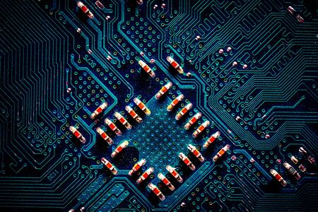 Detail of printed circuit board, old motherboard
