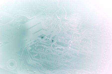 Circuit board. Electronic computer hardware technology. Motherboard digital chip. Tech science background. Integrated communication processor. Information engineering component. Light blue colors.の写真素材