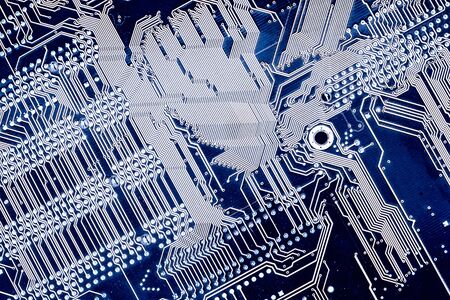 computer motherboard, dark blue with white silhouettesの写真素材