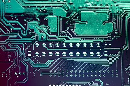 Circuit board. Electronic computer hardware technology. Motherboard digital chip. Tech science background. Integrated communication processor. Information engineering component.の写真素材