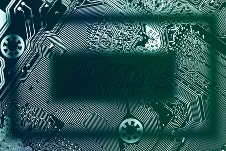 Circuit board rectangular frame. Dark transparent silhouette in the middle, light at the sides. Copy space for your text in the middle. Background for your information technology business presentationの写真素材